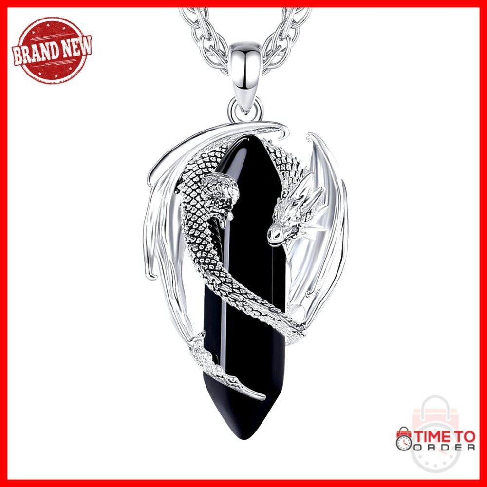 Silver Dragon Necklace with Crystal Chakras, 24" Chain, Lobster Clasp